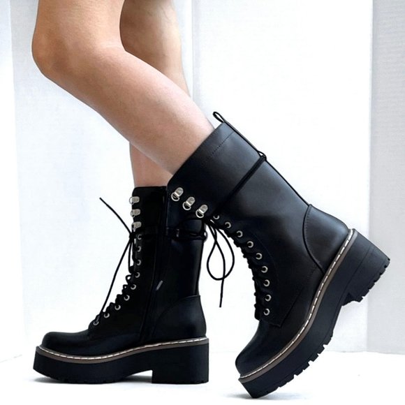 New Black Platform Lace Up Mid-Calf Combat Military Boots - Picture 4 of 5